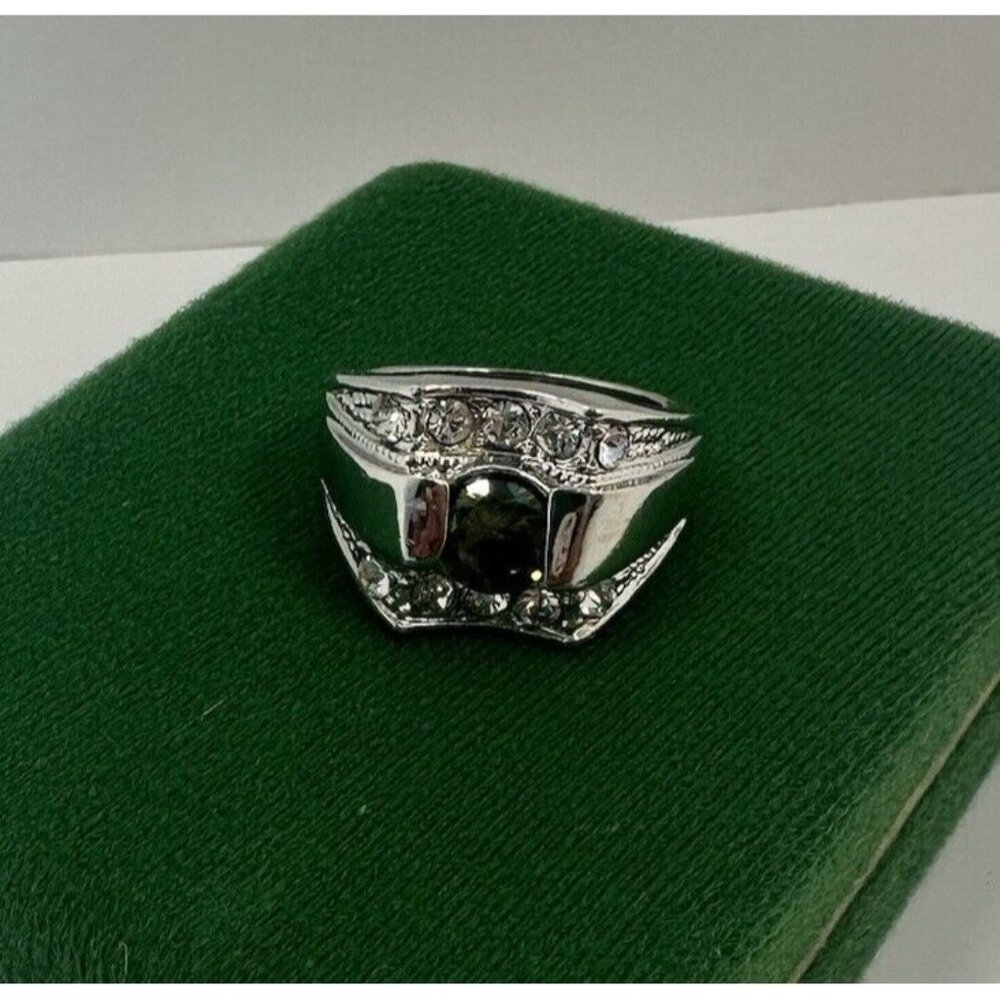 Vintage Mens Silver Tone Costume Ring Bling Green Glass CZ 10.5